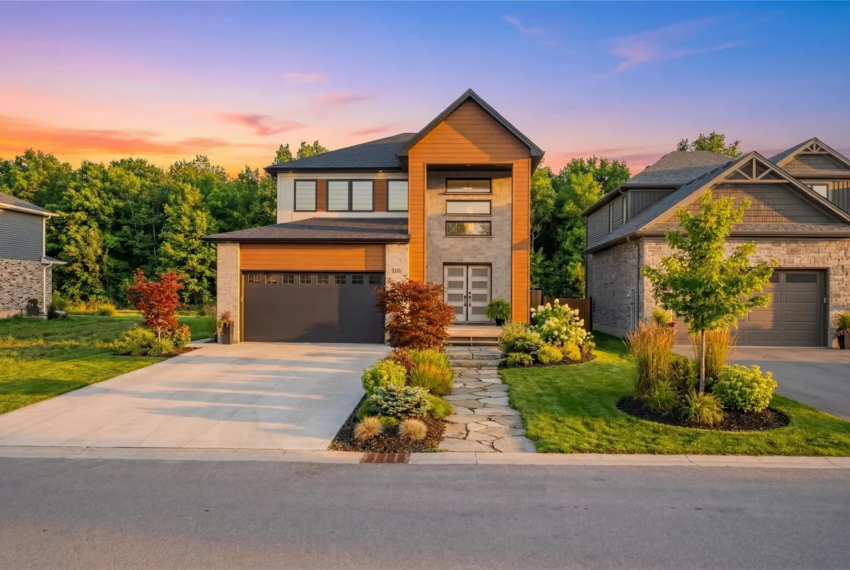 Starlit Homes Greene Street Lot 21 contemporary two-storey at sunset in Ailsa Craig Ontario