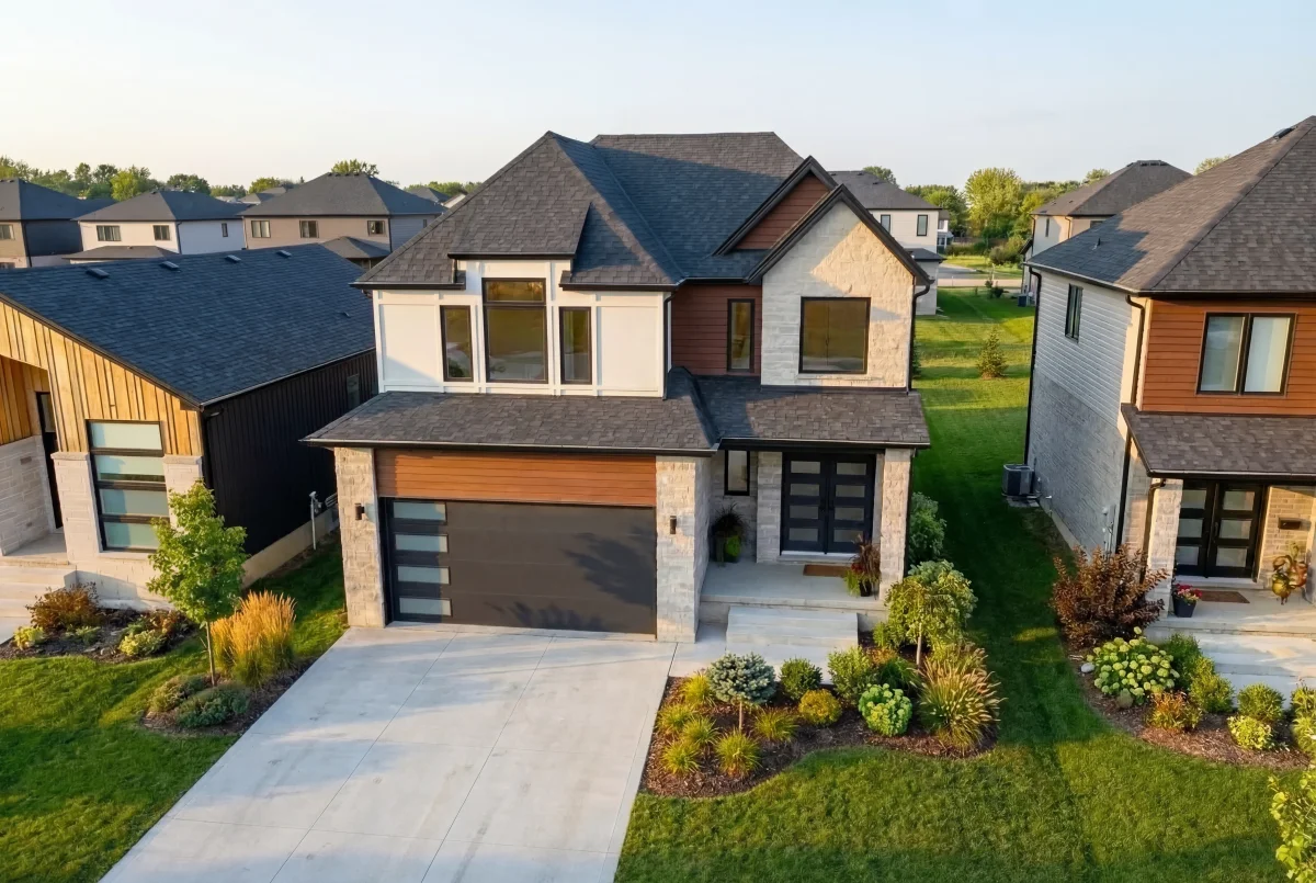 Lot 52 Sheldabren Street two-storey custom home with stone and wood cladding by Starlit Homes in Ailsa Craig Ontario