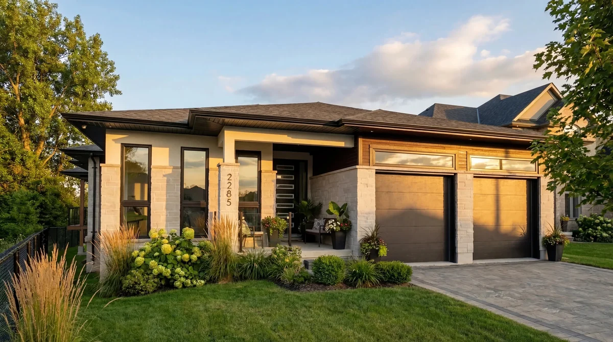 Starlit Homes 13 Sheldabren Street contemporary bungalow at golden hour in Ailsa Craig Ontario