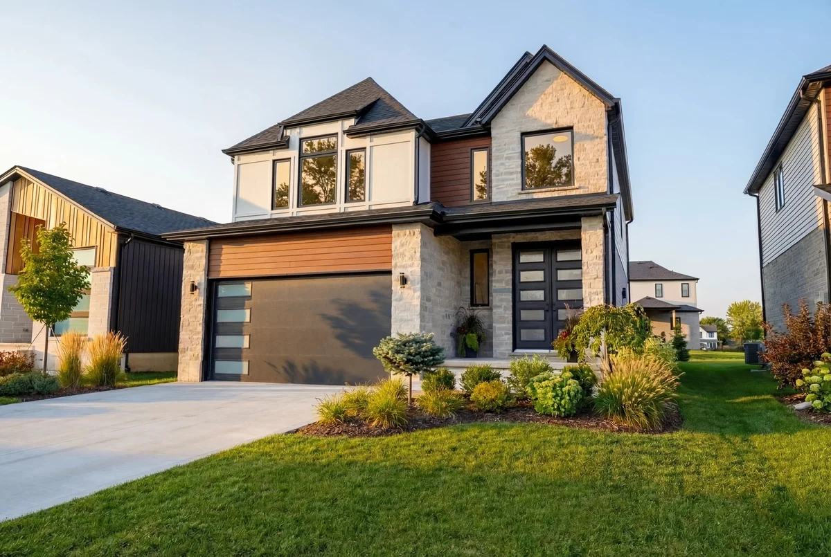 Starlit Homes 15 Sheldabren Street two-storey with stone and wood cladding at golden hour Ailsa Craig Ontario