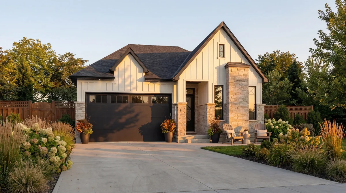 Starlit Homes farmhouse estate with board-and-batten siding on Sheldabren Street Ailsa Craig Ontario