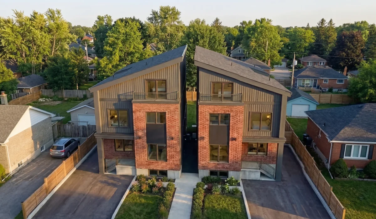 Tozer ADU duplex aerial view showing roofline and neighbourhood context by Starlit Homes